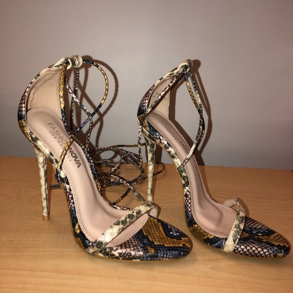 Fashion Nova Lace Up Snake Skin Heels - Picture 1 of 2